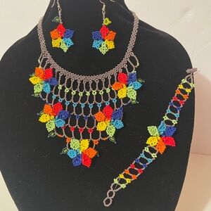 Handmade Red and Blue Beaded Necklace Jewelry Set